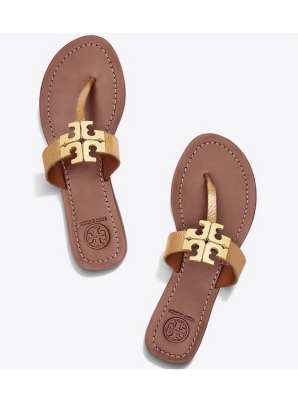 Tory Burch Moore 2 Leather Thong Sandals in Gold Metallic Leather with Gold Logo